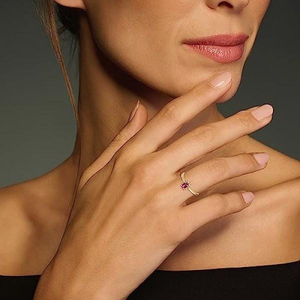 Miore Jewellery 여성용 0.07 Ct 다이아몬드 꽃 약혼 반지, 보석 탄생석 천연 타원형 에메랄드/사파이어/루비, 화이트 골드/옐로우 골드 9 캐럿 375, 골드 12개 다이아몬드 반지