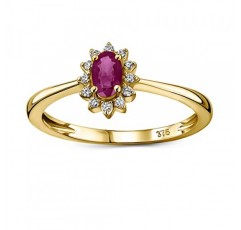 Miore Jewellery 여성용 0.07 Ct 다이아몬드 꽃 약혼 반지, 보석 탄생석 천연 타원형 에메랄드/사파이어/루비, 화이트 골드/옐로우 골드 9 캐럿 375, 골드 12개 다이아몬드 반지