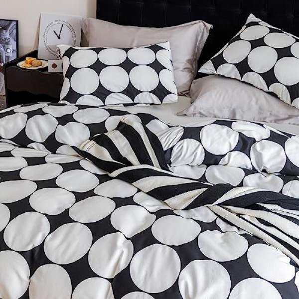 SUSYBAO 화이트 도트 무늬 이불 커버 킹 100% 면 원형 기하학 이불 커버 3개 세트 지퍼 타이가 있는 중립 흑백 이불 커버 1개 베개 커버 럭셔리 소프트 도트 무늬 침구