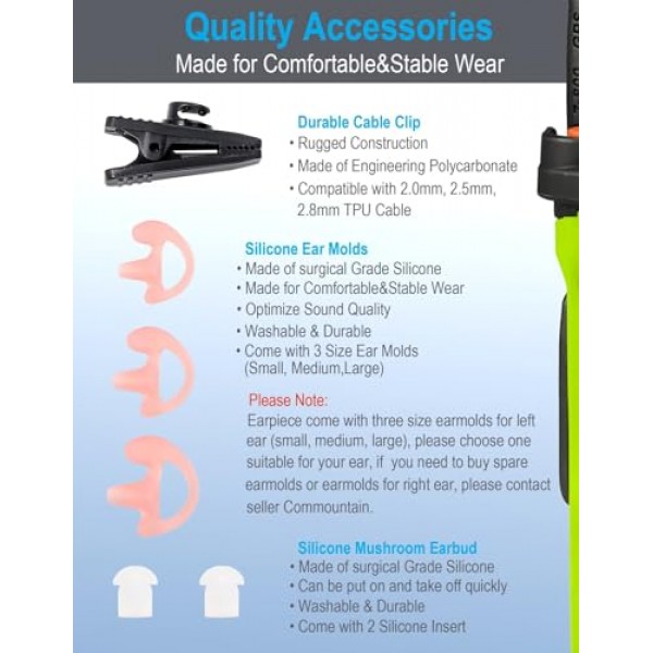 Baofeng 라디오 BF-F8HP UV-82 UV-82HP UV-82C UV-5R UV-5X3 및 Kenwood TK NX SAMCOM BTECH Retevis 라디오, 어쿠스틱 튜브 헤드셋, 2핀 스타일과 호환되는 마이크가 포함된 commountain 워키 토키