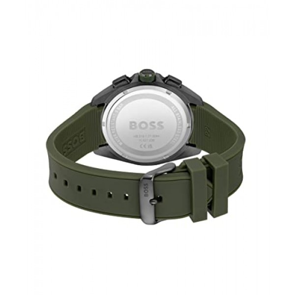 올리브 그린 실리콘 스트랩이 있는 남성용 BOSS 크로노그래프 쿼츠 시계 - 1513952, 그레이, 스트랩.