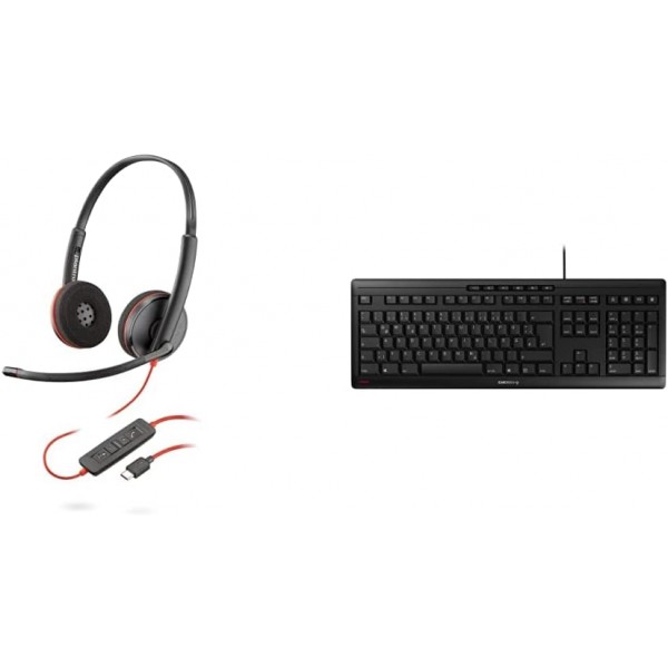 Plantronics - Blackwire 3220, 유선 USB-C 헤드셋 - 마이크 암이 포함된 2이어 헤드셋(스테레오) 및 체리 스트림 키보드, QWERTZ, 유선 키보드, Blue Angel, 키보드가 포함된 블랙 USB-C 