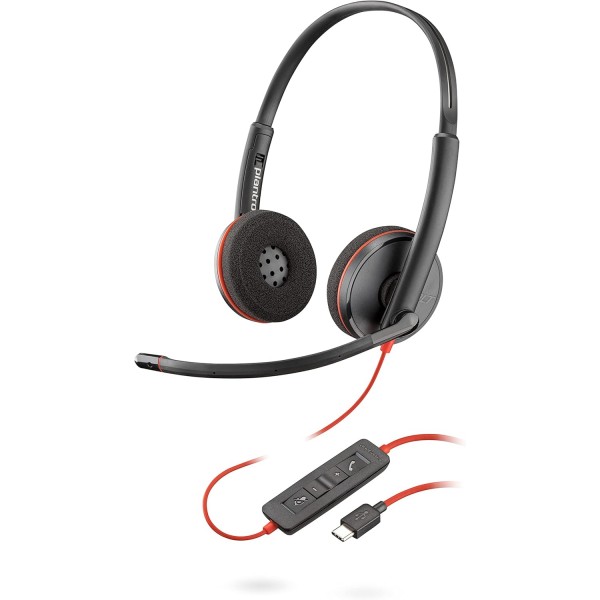 Plantronics - Blackwire 3220, 유선 USB-C 헤드셋 - 마이크 암이 포함된 2이어 헤드셋(스테레오) 및 체리 스트림 키보드, QWERTZ, 유선 키보드, Blue Angel, 키보드가 포함된 블랙 USB-C 