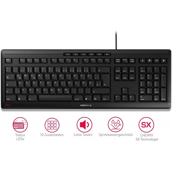 Plantronics - Blackwire 3220, 유선 USB-C 헤드셋 - 마이크 암이 포함된 2이어 헤드셋(스테레오) 및 체리 스트림 키보드, QWERTZ, 유선 키보드, Blue Angel, 키보드가 포함된 블랙 USB-C 