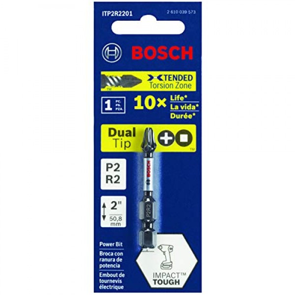 BOSCH ITP2R2201 1피스 2인치 Phillips/Square #2 임팩트 터프 스크루드라이빙 전동 비트(2개 팩)
