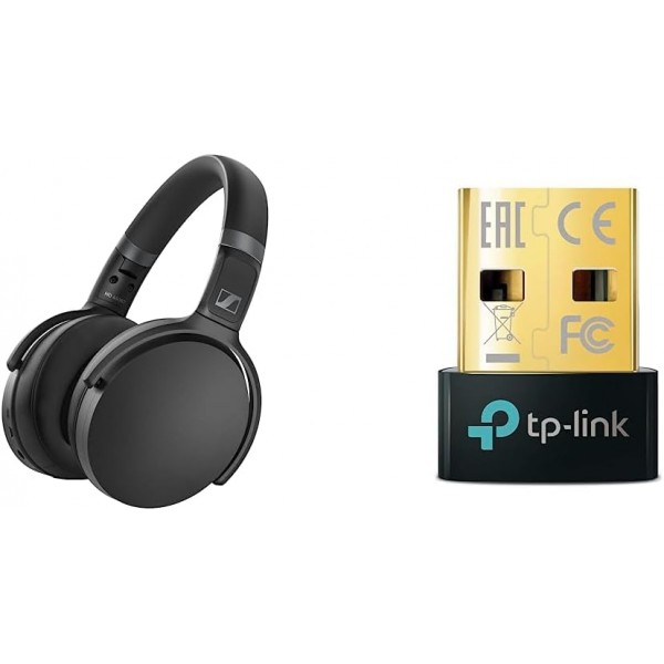 Sennheiser HD 450BT 무선 헤드폰, 액티브 노이즈 캔슬링, 블랙 & TP-Link Nano USB Bluetooth 5.0 어댑터(다중 장치용)