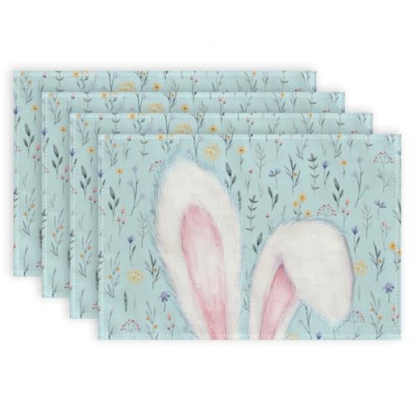 ARKENY 부활절 Placemats 12x18 인치 4 개 세트, 토끼 토끼 귀 꽃 봄 휴가 농가 파란색 삼베 실내 테이블 매트 장식 홈 AP554-4