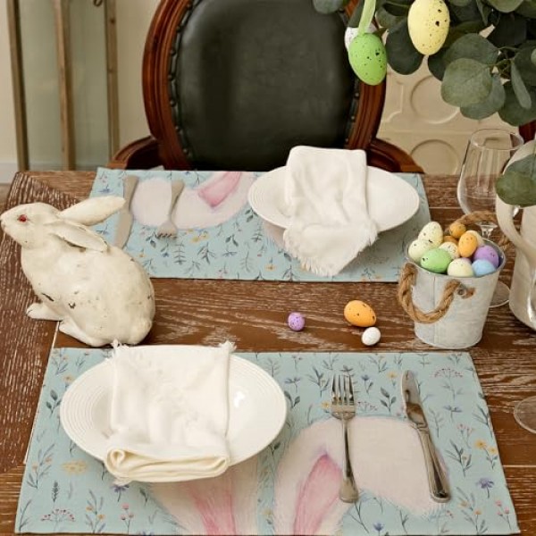 ARKENY 부활절 Placemats 12x18 인치 4 개 세트, 토끼 토끼 귀 꽃 봄 휴가 농가 파란색 삼베 실내 테이블 매트 장식 홈 AP554-4