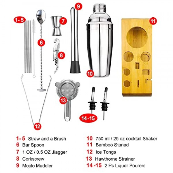 Mixology 칵테일 셰이커 세트| 바텐더 키트 | 스테인레스 스틸 25 OZ 대형 알코올 믹서 셰이커 세트 홈 바 세트 및 바 도구 바 카트 액세서리 알코올 음료 바 세트