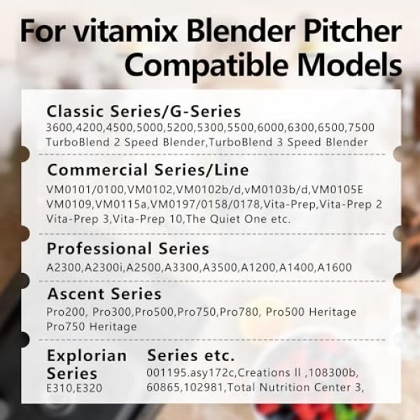 Vitamix 블렌더 투수 64온스(탬퍼 포함), vitamix 5200 교체 용기용, 5000 6300 7500 Pro200/500/750 vm0101/02/03/97 E310/320 교체, 클래식 C/상용/Explorian 시리즈, 5년 보증