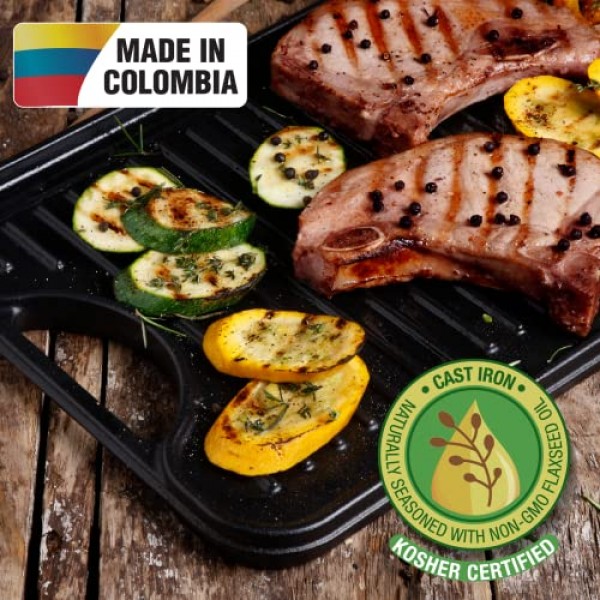 Victoria 18.5 x 10인치 직사각형 주철 번철, 미리 양념된 뒤집을 수 있는 철판 18.5 x 10인치