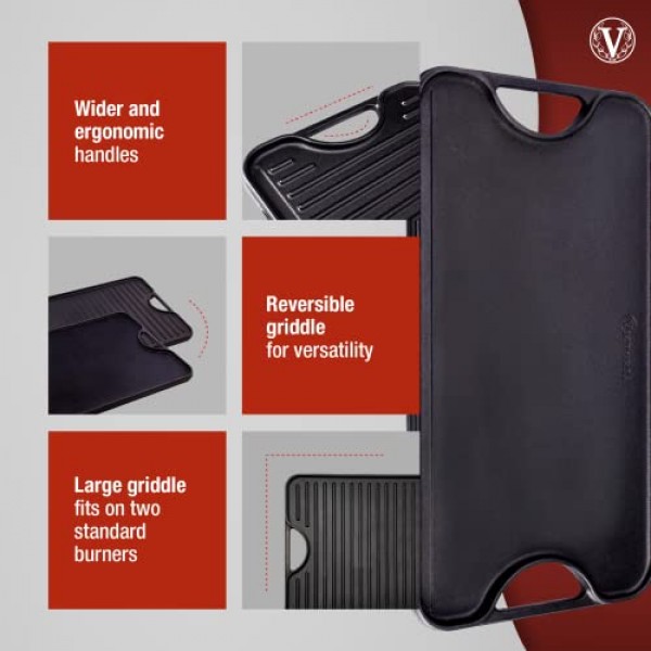 Victoria 18.5 x 10인치 직사각형 주철 번철, 미리 양념된 뒤집을 수 있는 철판 18.5 x 10인치