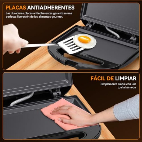 Snailar ABS07 샌드위치 메이커, 붙지 않는 플랫 플레이트가 있는 2조각 구운 치즈 메이커, 표시등, 멋진 터치 핸들, 손쉬운 청소 및 보관, 750W