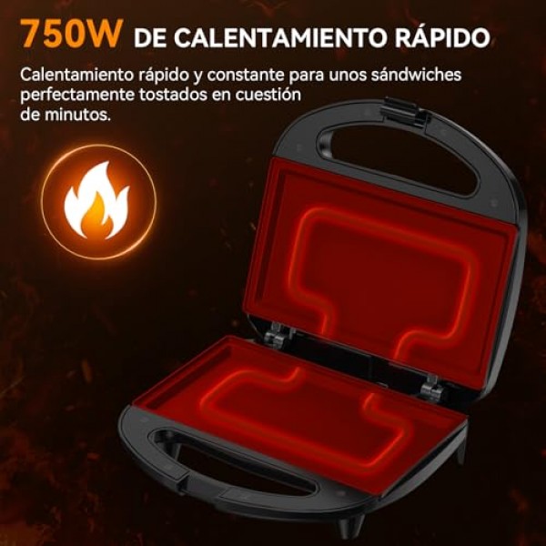 Snailar ABS07 샌드위치 메이커, 붙지 않는 플랫 플레이트가 있는 2조각 구운 치즈 메이커, 표시등, 멋진 터치 핸들, 손쉬운 청소 및 보관, 750W