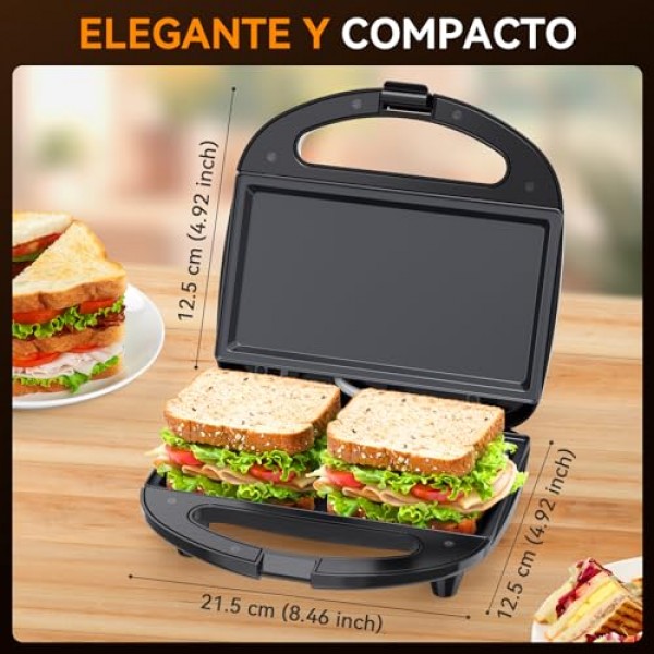 Snailar ABS07 샌드위치 메이커, 붙지 않는 플랫 플레이트가 있는 2조각 구운 치즈 메이커, 표시등, 멋진 터치 핸들, 손쉬운 청소 및 보관, 750W