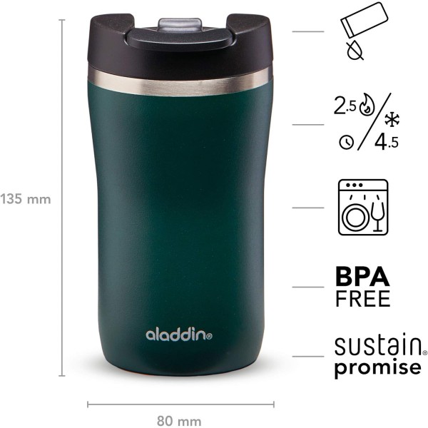 Aladdin Barista Café Thermavac 누수 방지 스테인레스 스틸 보온병 0.25L 바질 그린 - 누수 방지 머그 - 보온용 커피 머그 - 2.5시간 동안 뜨겁게 유지 - BPA 없음 - 식기세척기 사