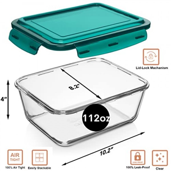 파란색 잠금 뚜껑이 있는 14컵/112온스 대형 유리 식품 보관 용기. 음식, 야채 또는 과일을 보관하는 데 사용됩니다. 베이킹 캐서롤, 라자냐, 베이킹, 닭고기 구이 및 기