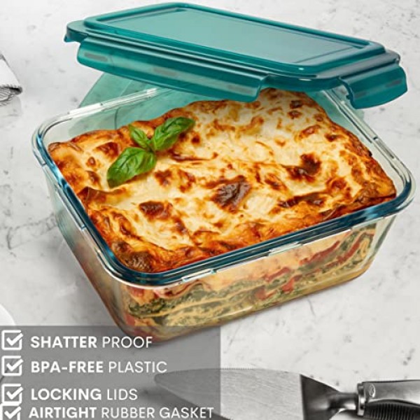 파란색 잠금 뚜껑이 있는 14컵/112온스 대형 유리 식품 보관 용기. 음식, 야채 또는 과일을 보관하는 데 사용됩니다. 베이킹 캐서롤, 라자냐, 베이킹, 닭고기 구이 및 기