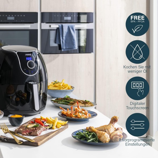 5.2리터의 Princess XXL 핫 에어 프라이어 - 에너지 소비량 62.2% 감소 - 디지털 디스플레이 및 수동 제어 - 8가지 프로그램 - Aerofryer 182055