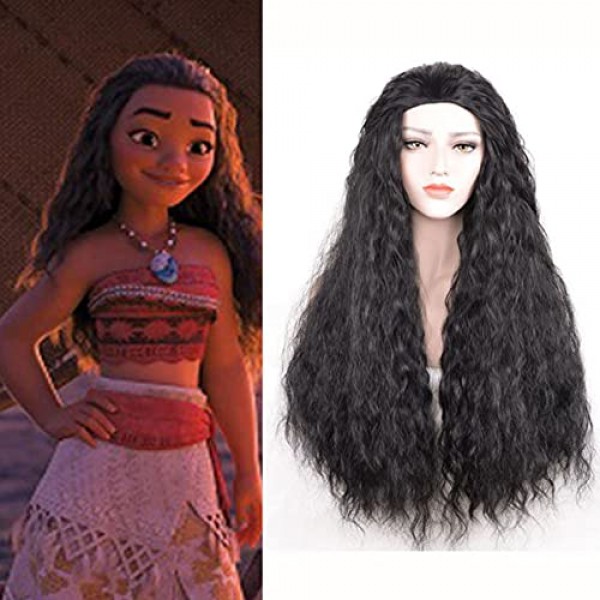 소녀 성인 Animie Polyne Princess Moana 가발 80cm 긴 물결 모양의 합성 머리 의상 가발 (검정/갈색) + 그림과 같이 가발 모자