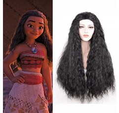 소녀 성인 Animie Polyne Princess Moana 가발 80cm 긴 물결 모양의 합성 머리 의상 가발 (검정/갈색) + 그림과 같이 가발 모자