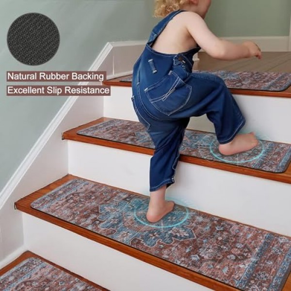 OJIA 나무 계단용 추가 미끄럼 방지 계단 밟기, 30X8 실내 계단 런너 미끄럼 방지 계단 깔개 개, 어린이 및 장로용 안전 매트, 고무 뒷면 계단 밟기 계단 커버(15PC)