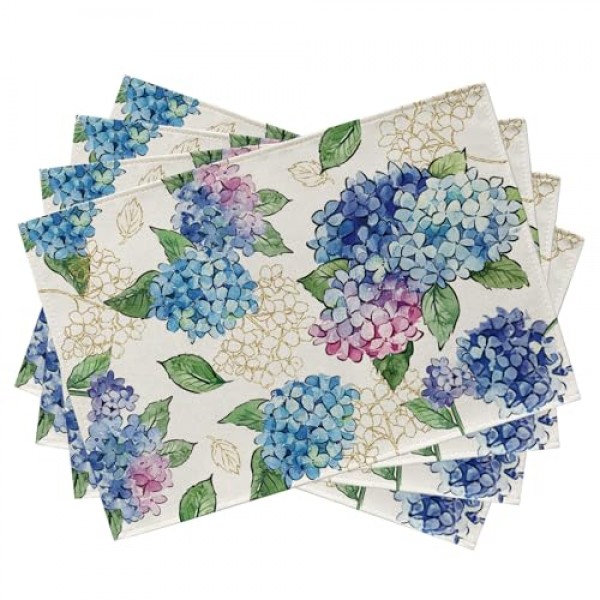 Seliem 봄 여름 꽃 꽃 Placemats 4 세트, 푸른 수국 잎 식탁 장소 매트, 계절 주방 장식 홈 인테리어 12x18 인치