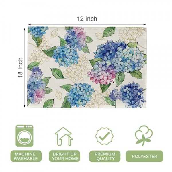 Seliem 봄 여름 꽃 꽃 Placemats 4 세트, 푸른 수국 잎 식탁 장소 매트, 계절 주방 장식 홈 인테리어 12x18 인치