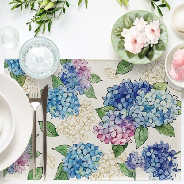 Seliem 봄 여름 꽃 꽃 Placemats 4 세트, 푸른 수국 잎 식탁 장소 매트, 계절 주방 장식 홈 인테리어 12x18 인치