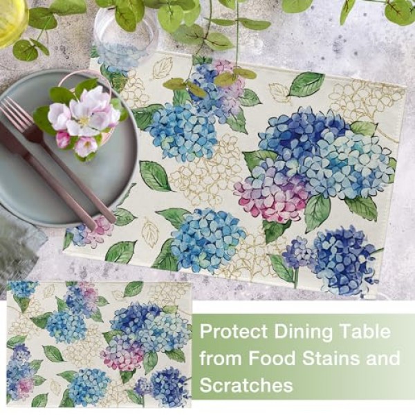 Seliem 봄 여름 꽃 꽃 Placemats 4 세트, 푸른 수국 잎 식탁 장소 매트, 계절 주방 장식 홈 인테리어 12x18 인치