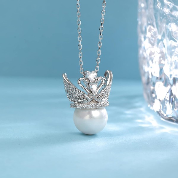 Presentski 백조 진주 목걸이 스털링 실버 6월 탄생석 하트 크라운 눈부신 백조 목걸이 두 백조 동물 진주 펜던트 여성용 선물