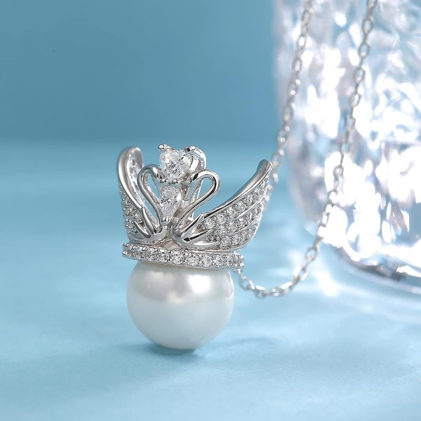 Presentski 백조 진주 목걸이 스털링 실버 6월 탄생석 하트 크라운 눈부신 백조 목걸이 두 백조 동물 진주 펜던트 여성용 선물
