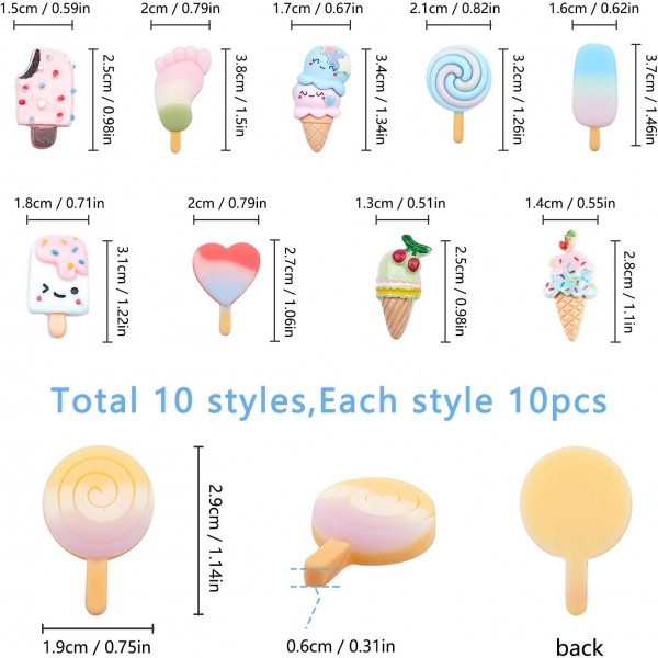 Sunnyclue 1 상자 50pcs 아이스크림 수지 매력 카보 숑 롤리팝 수지 점액 매력 혼합 색상 플랫 백 수지 버튼 카보 숑 액세서리 장식품 DIY Scrapbooking 공예 장식