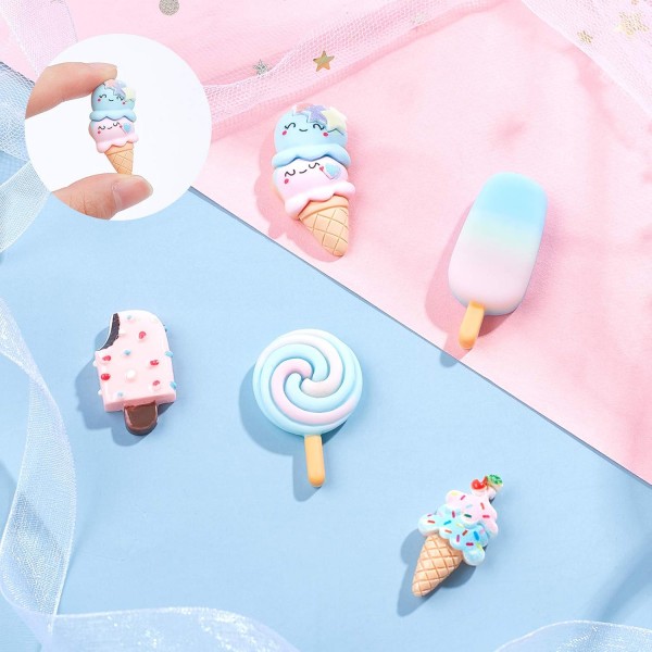 Sunnyclue 1 상자 50pcs 아이스크림 수지 매력 카보 숑 롤리팝 수지 점액 매력 혼합 색상 플랫 백 수지 버튼 카보 숑 액세서리 장식품 DIY Scrapbooking 공예 장식