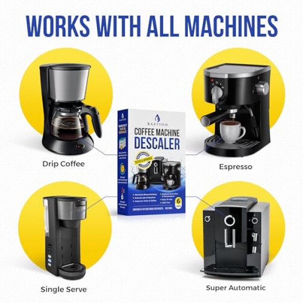 디스케일링 파우더 솔루션(6회용) 커피머신 디스케일러 클리너 | Breville Keurig Nespresso Delonghi Ninja와 호환 가능 | 자동 커피 포트, 메이커, 에스프레소 머신의 석회질을 