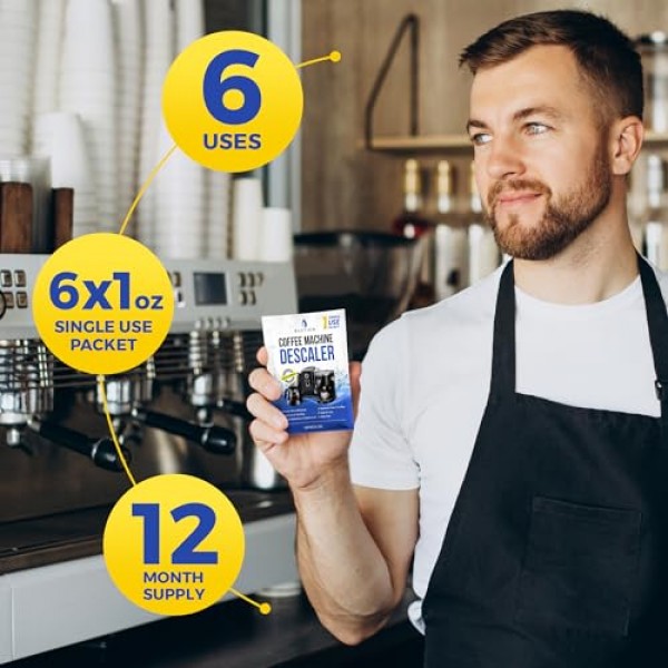 디스케일링 파우더 솔루션(6회용) 커피머신 디스케일러 클리너 | Breville Keurig Nespresso Delonghi Ninja와 호환 가능 | 자동 커피 포트, 메이커, 에스프레소 머신의 석회질을 
