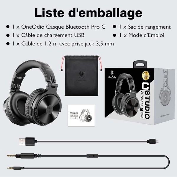 OneOdio 블루투스 헤드폰 80시간 재생 스테레오 헤드폰 HiFi 50mm 스피커 내장 마이크 CVC 8.0 헤드폰 무선 스마트폰 PC에 편리 노트북 프로 C 다크 블랙