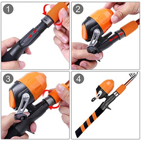 PLUSINNO 어린이용 낚시 세트, 낚시 릴과 낚시 미끼가 포함된 텔레스코픽 낚싯대, 소년, 소녀, 청소년을 위한 바닷물 담수용 낚시 액세서리 및 운반 가방