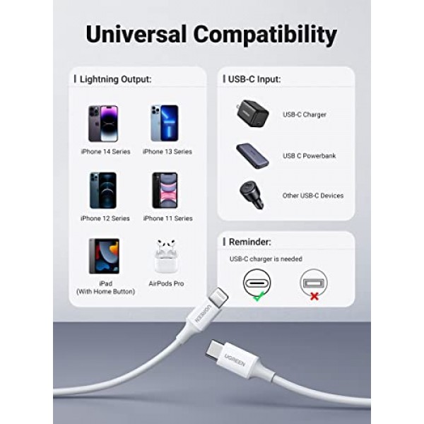 UGREEN USB C-라이트닝 케이블 - 3FT MFi 인증 PD 고속 충전 라이트닝 코드 iPhone 14/14 Pro, iPhone 13/13 Pro, iPhone 12/12 Pro, iPhone 11, MacBook, iPad, AirPods Pro와 호환 가능