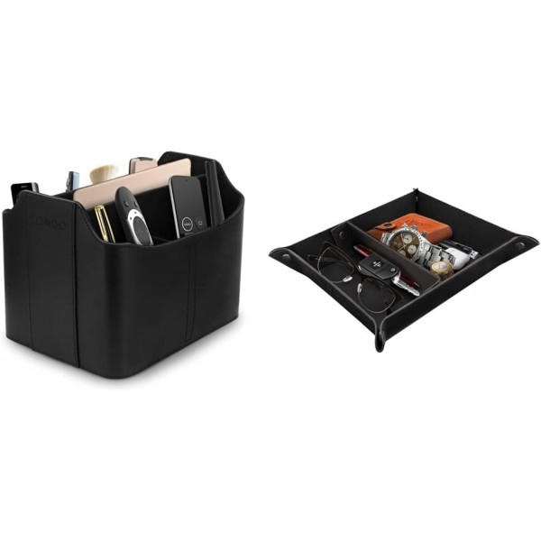 Londo 가죽 리모콘 오거나이저 및 홀더, 태블릿 컴파트먼트 포함, 리모콘 홀더 - 다기능 스토리지(블랙) & 빈 가죽 주머니 - Vide Poche - 가죽 트레이 오거나이저