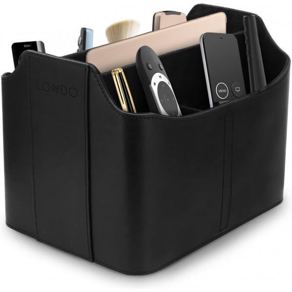 Londo 가죽 리모콘 오거나이저 및 홀더, 태블릿 컴파트먼트 포함, 리모콘 홀더 - 다기능 스토리지(블랙) & 빈 가죽 주머니 - Vide Poche - 가죽 트레이 오거나이저