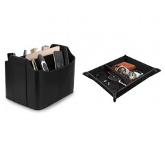 Londo 가죽 리모콘 오거나이저 및 홀더, 태블릿 컴파트먼트 포함, 리모콘 홀더 - 다기능 스토리지(블랙) & 빈 가죽 주머니 - Vide Poche - 가죽 트레이 오거나이저