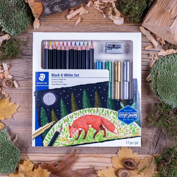 STAEDTLER 검정/흰색 세트, 매우 부드러운 색연필 12개, 금속 마커 4개, 금속 숫돌 1개 및 단계별 지침이 포함된 전체 세트, 61 149C, 17개 세트 검정/흰색 도면