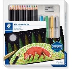 STAEDTLER 검정/흰색 세트, 매우 부드러운 색연필 12개, 금속 마커 4개, 금속 숫돌 1개 및 단계별 지침이 포함된 전체 세트, 61 149C, 17개 세트 검정/흰색 도면