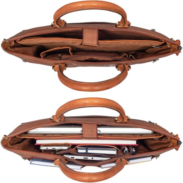 STILORD 'Bailey' 비즈니스 노트북 가방 가죽 15인치 대형 업무용 사무실 회의 빈티지 노트북 가방 숄더백 트롤리 부착 가능, 색상:텍사스 - 브라운