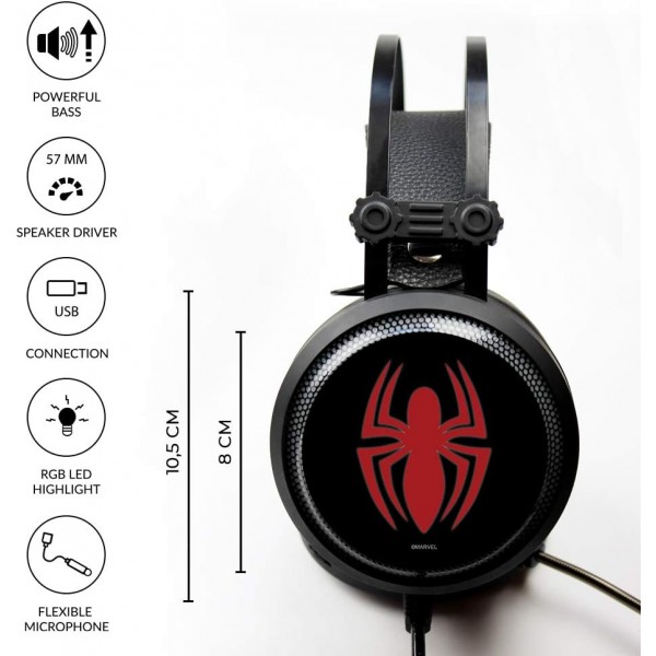 ERT GROUP 스파이더맨 헤드폰, 마이크가 있는 게임용 헤드셋, 조절 가능한 헤드밴드가 있는 오버이어 헤드폰, 2.2M USB 헤드셋, Marvel 디자인 LED 이어컵