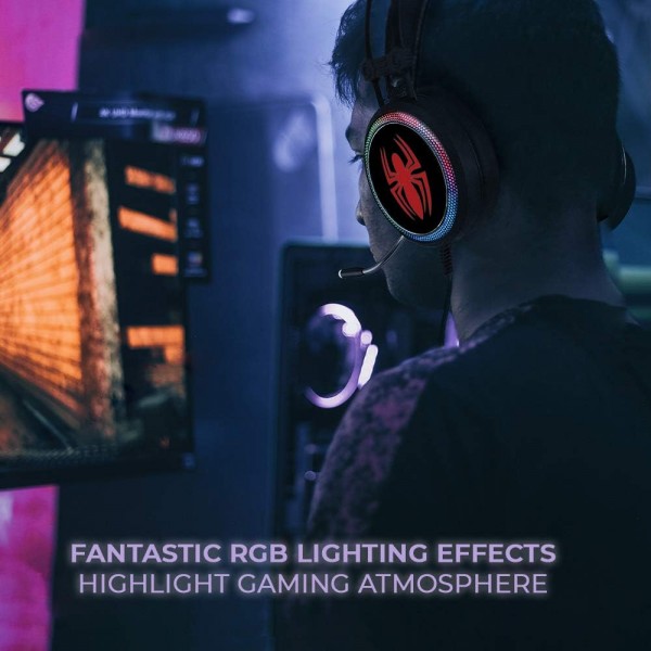 ERT GROUP 스파이더맨 헤드폰, 마이크가 있는 게임용 헤드셋, 조절 가능한 헤드밴드가 있는 오버이어 헤드폰, 2.2M USB 헤드셋, Marvel 디자인 LED 이어컵