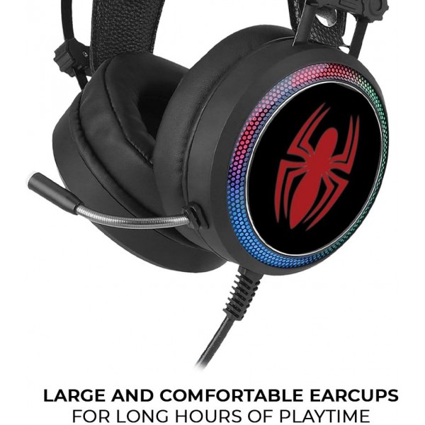 ERT GROUP 스파이더맨 헤드폰, 마이크가 있는 게임용 헤드셋, 조절 가능한 헤드밴드가 있는 오버이어 헤드폰, 2.2M USB 헤드셋, Marvel 디자인 LED 이어컵