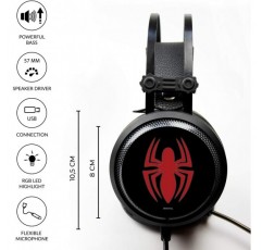 ERT GROUP 스파이더맨 헤드폰, 마이크가 있는 게임용 헤드셋, 조절 가능한 헤드밴드가 있는 오버이어 헤드폰, 2.2M USB 헤드셋, Marvel 디자인 LED 이어컵