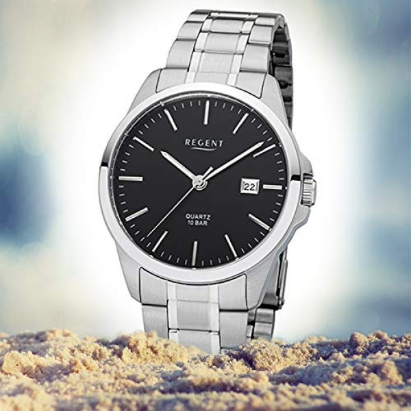 REGENT 남성용 아날로그 쿼츠 시계, 스테인리스 스틸 스트랩 11150644, 실버/블랙, 팔찌